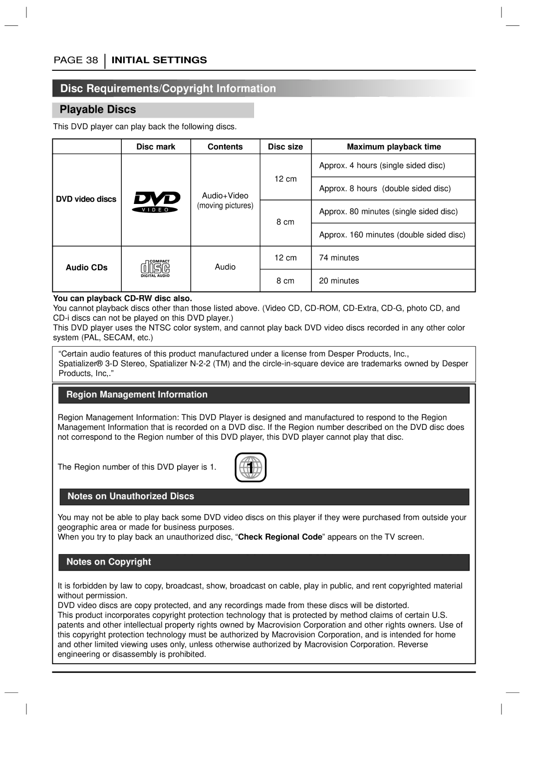 Marantz DV3100 Disc Requirements/Copyright Information, Playable Discs, Disc mark Contents Disc size Maximum playback time 