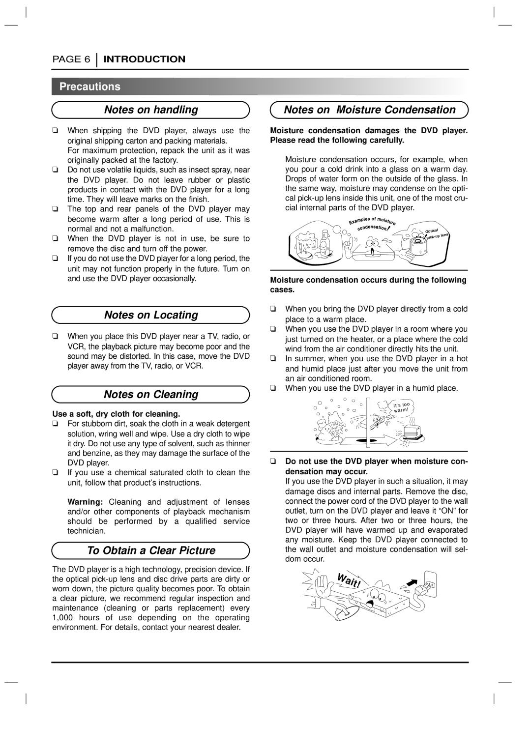 Marantz DV3100 Precautions, Use a soft, dry cloth for cleaning, Moisture condensation occurs during the following cases 