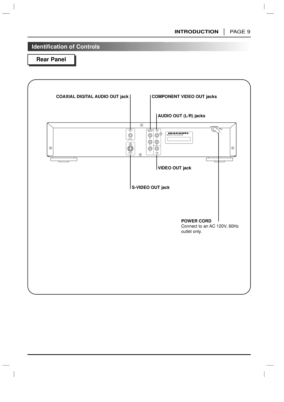 Marantz DV3100 manual Rear Panel, Video OUT jack 