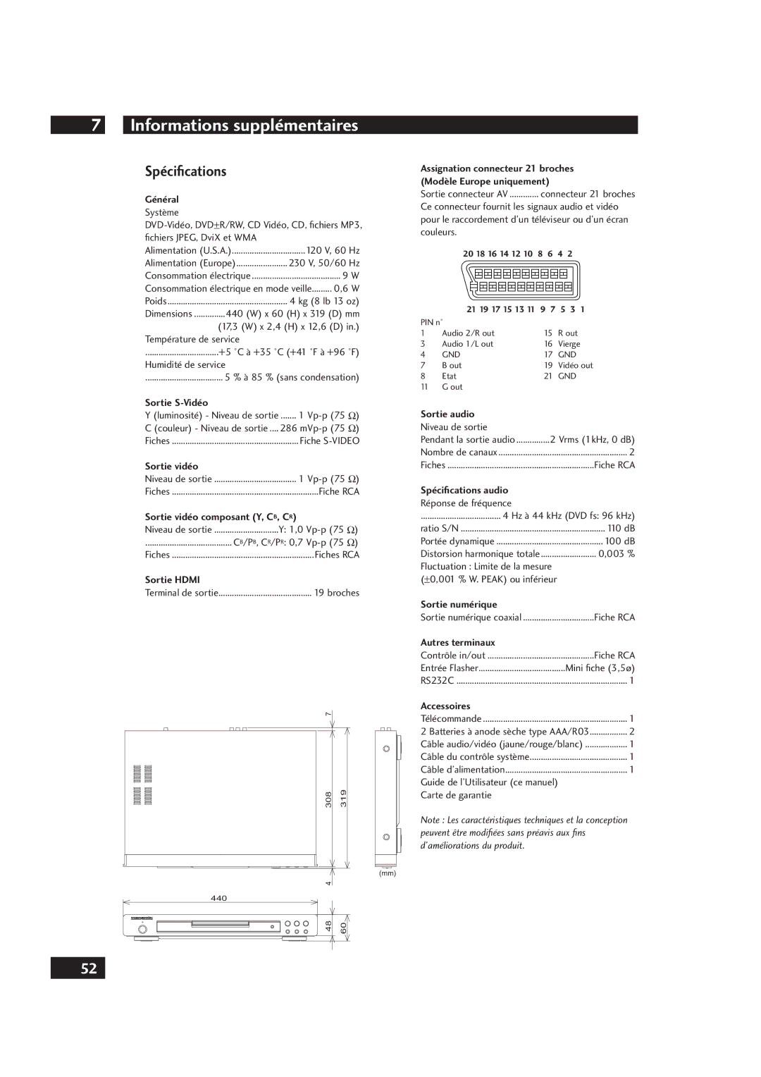 Marantz DV4001 manual Spéciﬁcations 