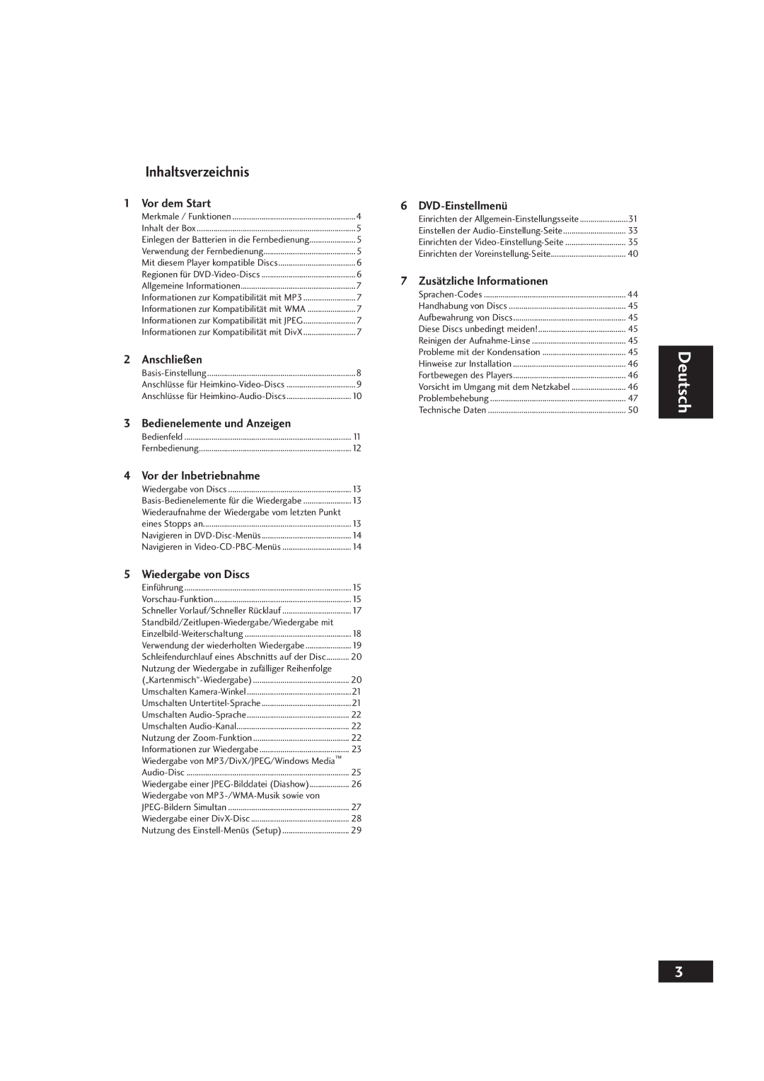 Marantz DV4001 manual Deutsch, Inhaltsverzeichnis 