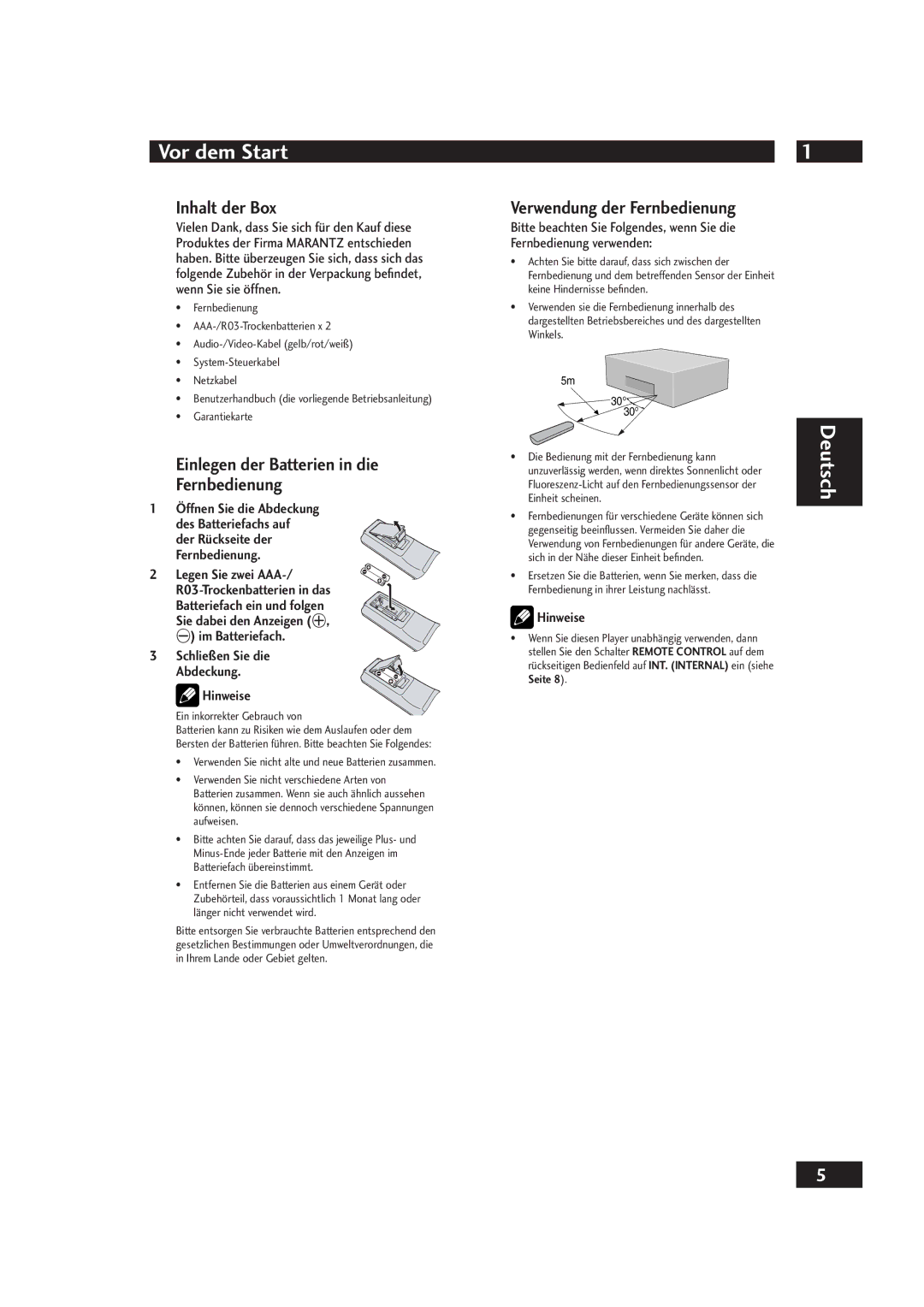 Marantz DV4001 manual Inhalt der Box, Einlegen der Batterien in die Fernbedienung, Verwendung der Fernbedienung 