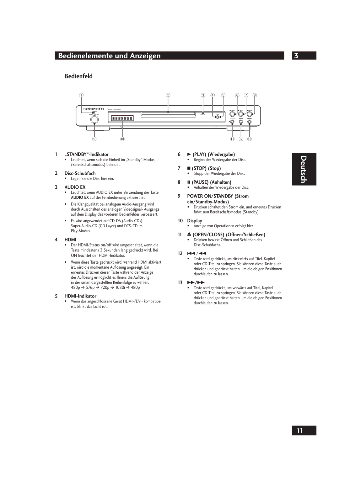 Marantz DV4001 manual Bedienelemente und Anzeigen, Bedienfeld 