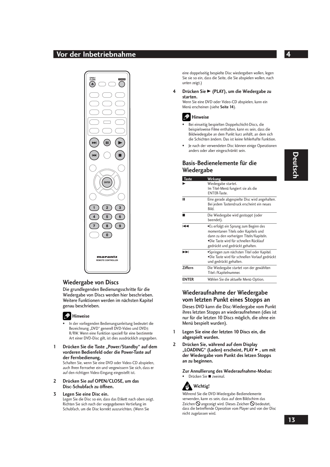 Marantz DV4001 manual Vor der Inbetriebnahme, Wiedergabe von Discs, Basis-Bedienelemente für die Wiedergabe 