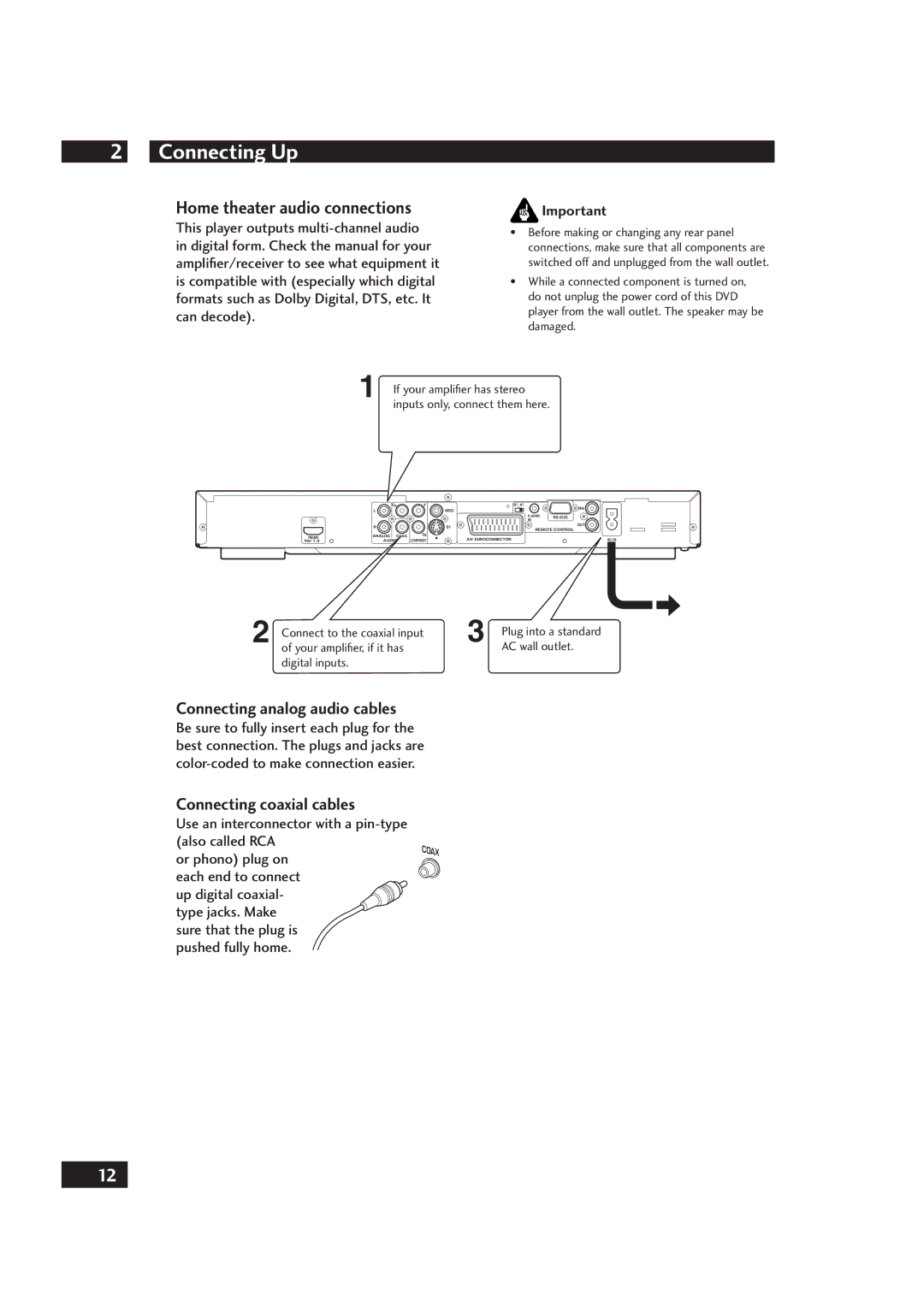 Marantz DV4001 manual Home theater audio connections, Connecting analog audio cables, Connecting coaxial cables 