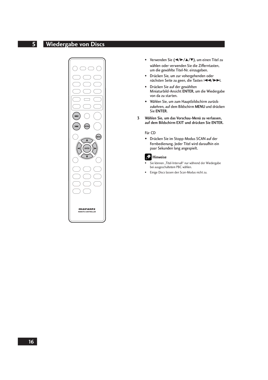 Marantz DV4001 manual Verwenden Sie 2/3/5/∞, um einen Titel zu, Für CD, Einige Discs lassen den Scan-Modus nicht zu 