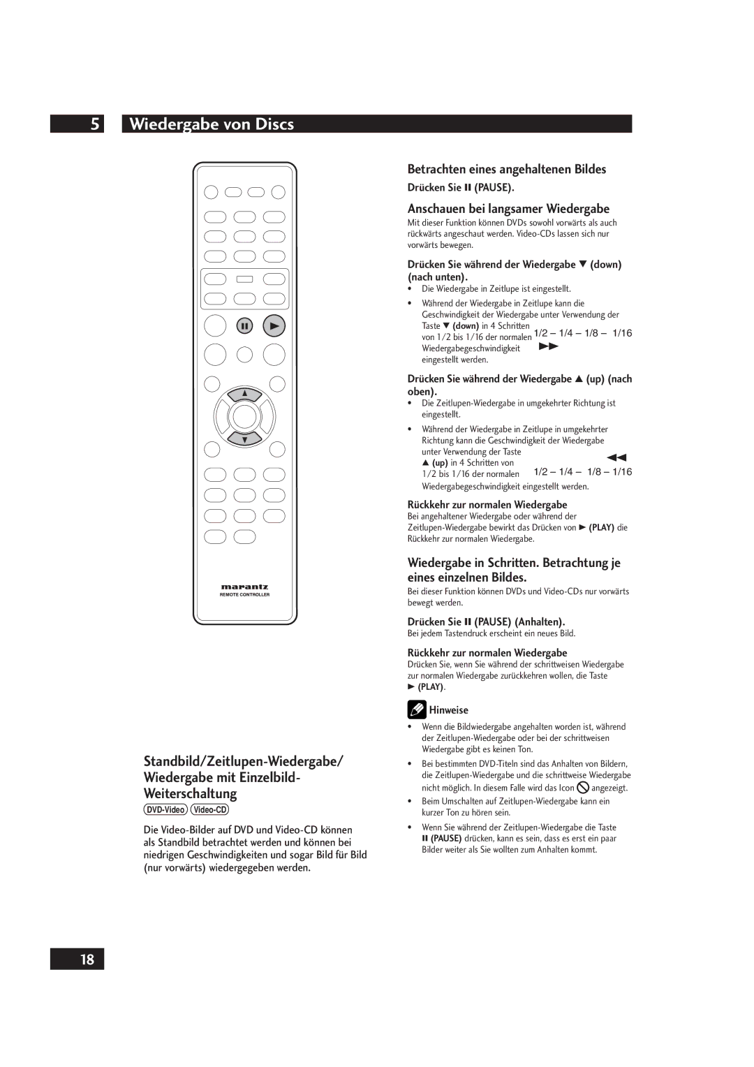 Marantz DV4001 manual Betrachten eines angehaltenen Bildes, Anschauen bei langsamer Wiedergabe 