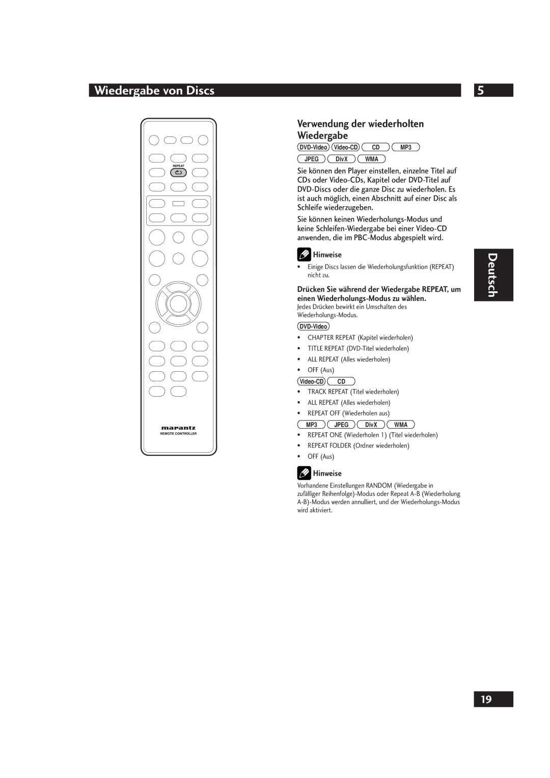 Marantz DV4001 manual Verwendung der wiederholten Wiedergabe, Jedes Drücken bewirkt ein Umschalten des Wiederholungs-Modus 