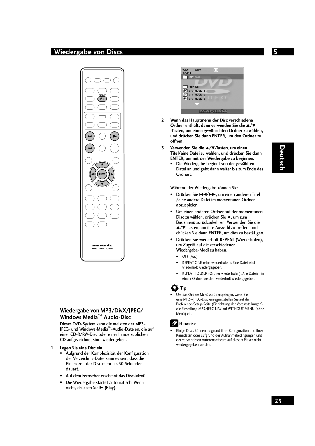 Marantz DV4001 Wiedergabe von MP3/DivX/JPEG/ Windows Media Audio-Disc, Tip, Auf dem Fernseher erscheint das Disc-Menü 