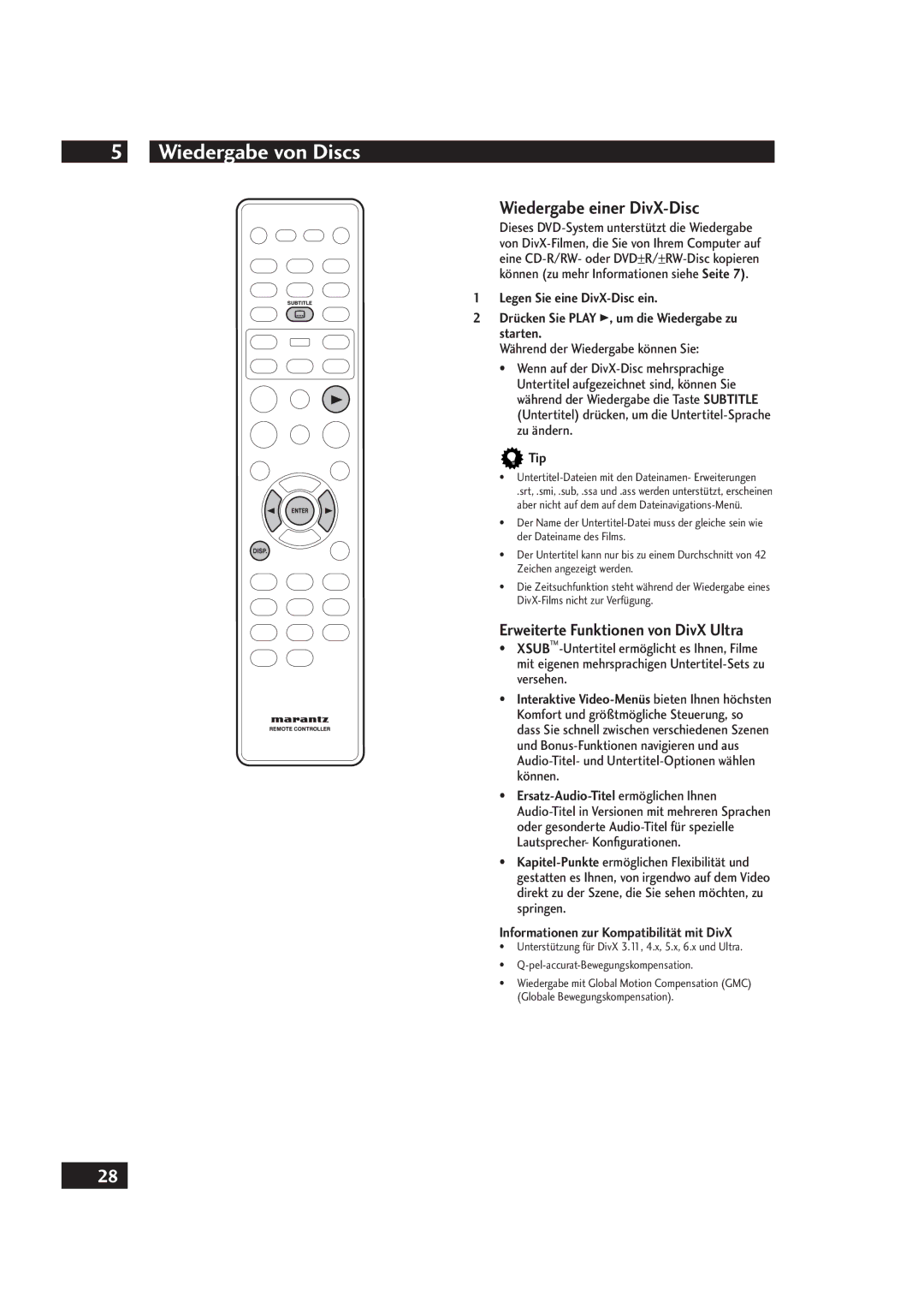 Marantz DV4001 Wiedergabe einer DivX-Disc, Erweiterte Funktionen von DivX Ultra, Informationen zur Kompatibilität mit DivX 