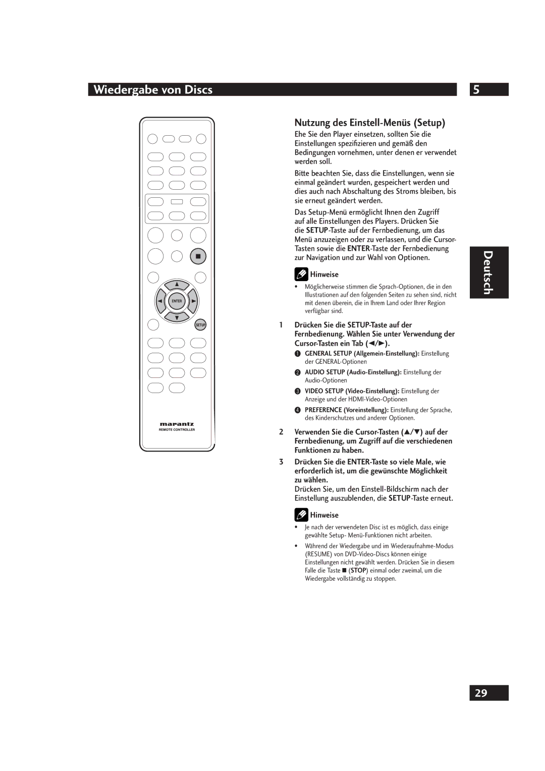 Marantz DV4001 manual Nutzung des Einstell-Menüs Setup, Hinweise 