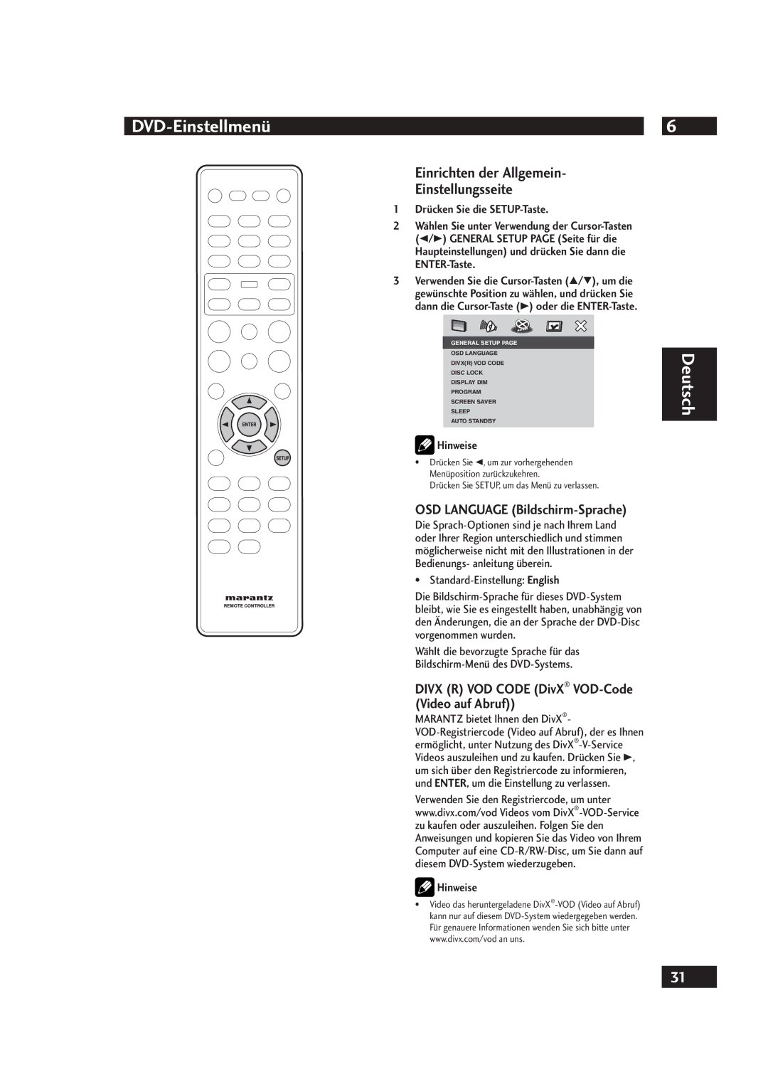 Marantz DV4001 Einrichten der Allgemein Einstellungsseite, OSD Language Bildschirm-Sprache, Drücken Sie die SETUP-Taste 