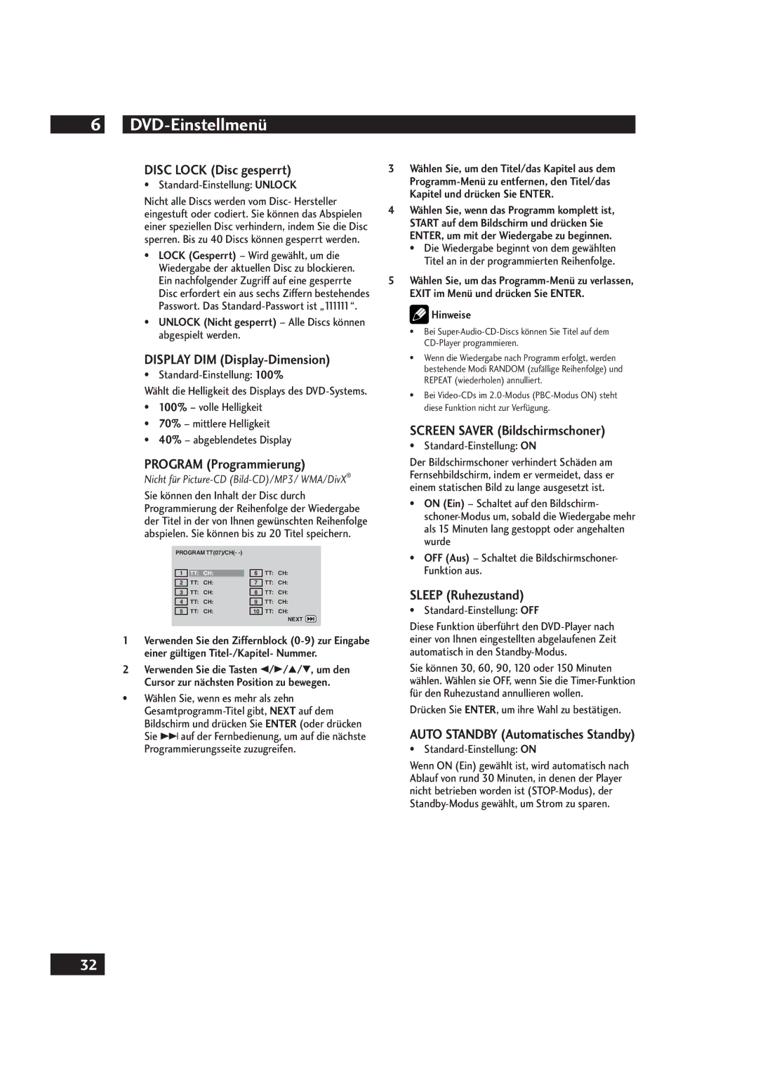 Marantz DV4001 manual Disc Lock Disc gesperrt, Display DIM Display-Dimension, Program Programmierung, Sleep Ruhezustand 