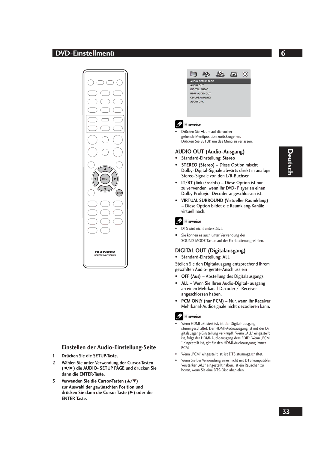 Marantz DV4001 manual Einstellen der Audio-Einstellung-Seite, Audio OUT Audio-Ausgang, Digital OUT Digitalausgang 