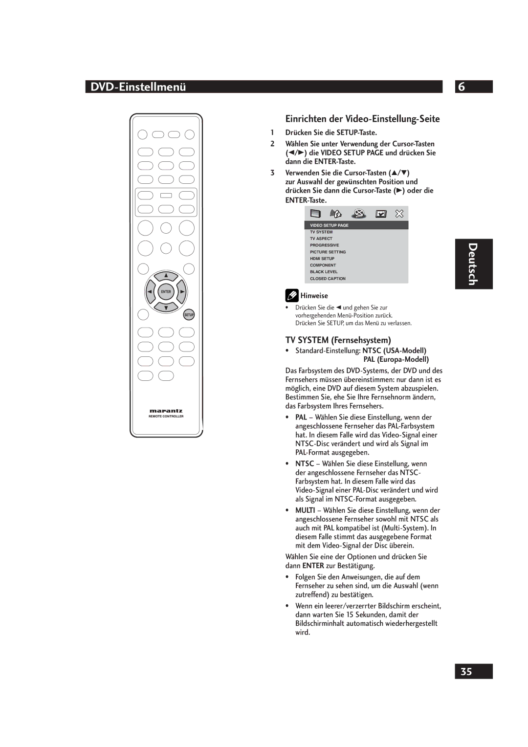 Marantz DV4001 manual Einrichten der Video-Einstellung-Seite, TV System Fernsehsystem, Standard-Einstellung Ntsc USA-Modell 