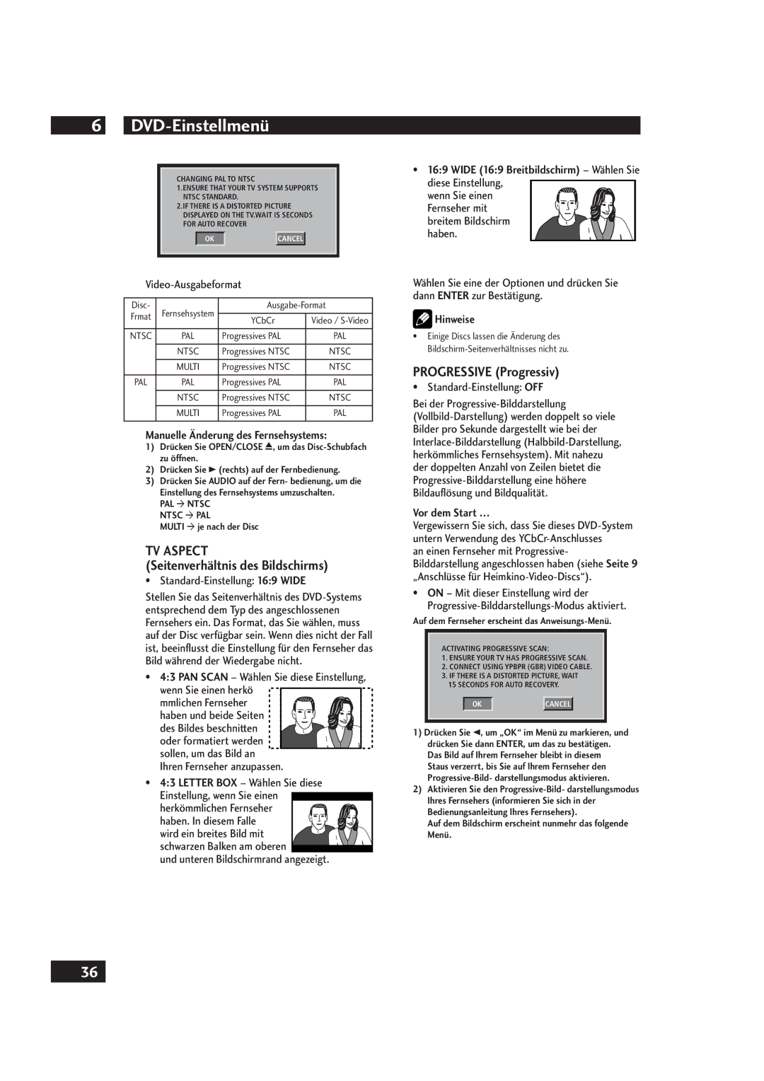 Marantz DV4001 manual Seitenverhältnis des Bildschirms, Progressive Progressiv, Manuelle Änderung des Fernsehsystems 