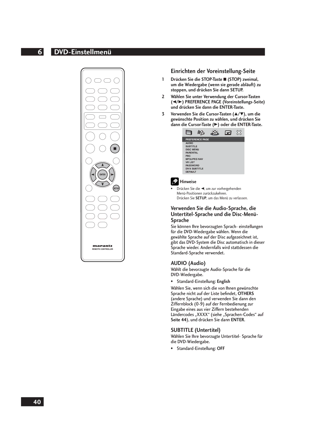 Marantz DV4001 manual Einrichten der Voreinstellung-Seite, Audio Audio, Subtitle Untertitel 