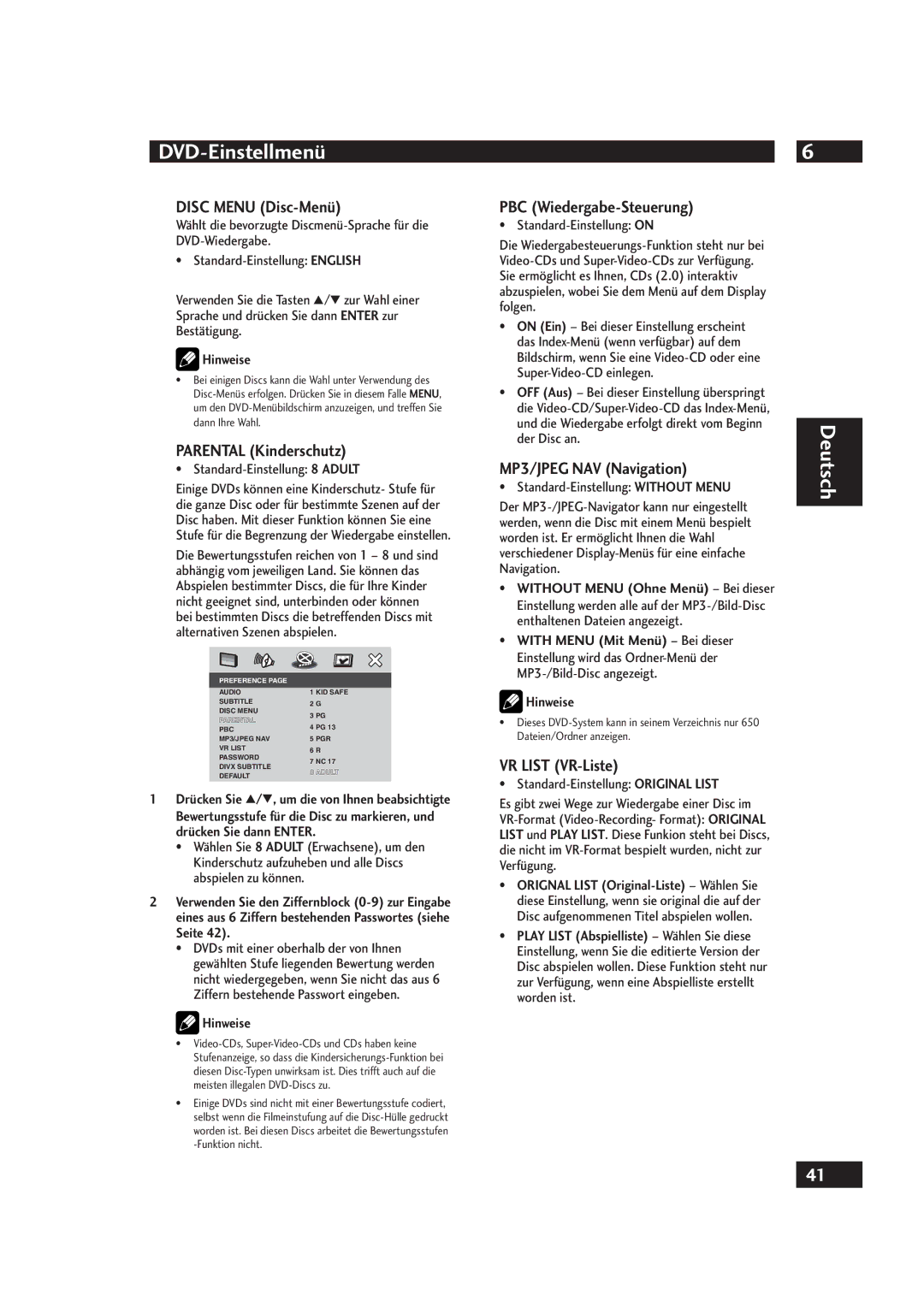 Marantz DV4001 manual Disc Menu Disc-Menü, Parental Kinderschutz, PBC Wiedergabe-Steuerung, MP3/JPEG NAV Navigation 