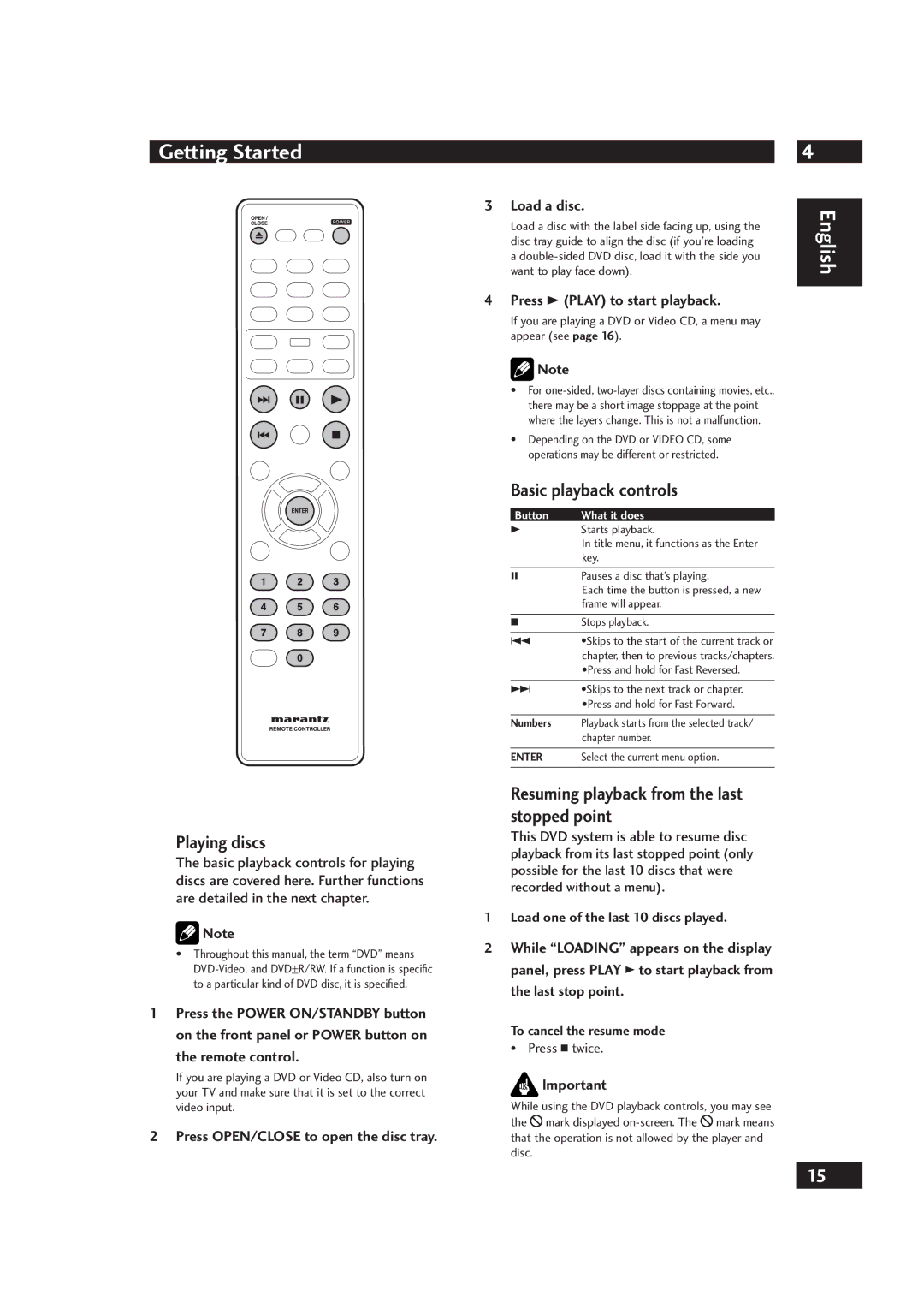 Marantz DV4001 Getting Started, Playing discs, Basic playback controls, Resuming playback from the last stopped point 