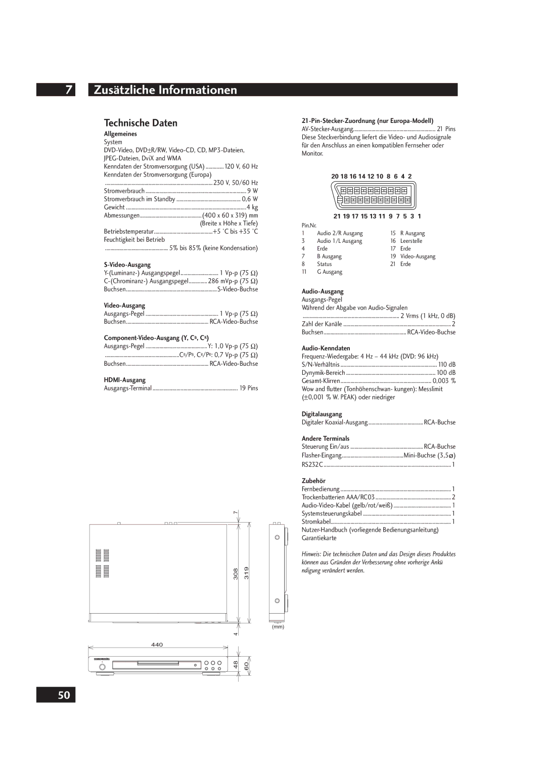 Marantz DV4001 manual Technische Daten 