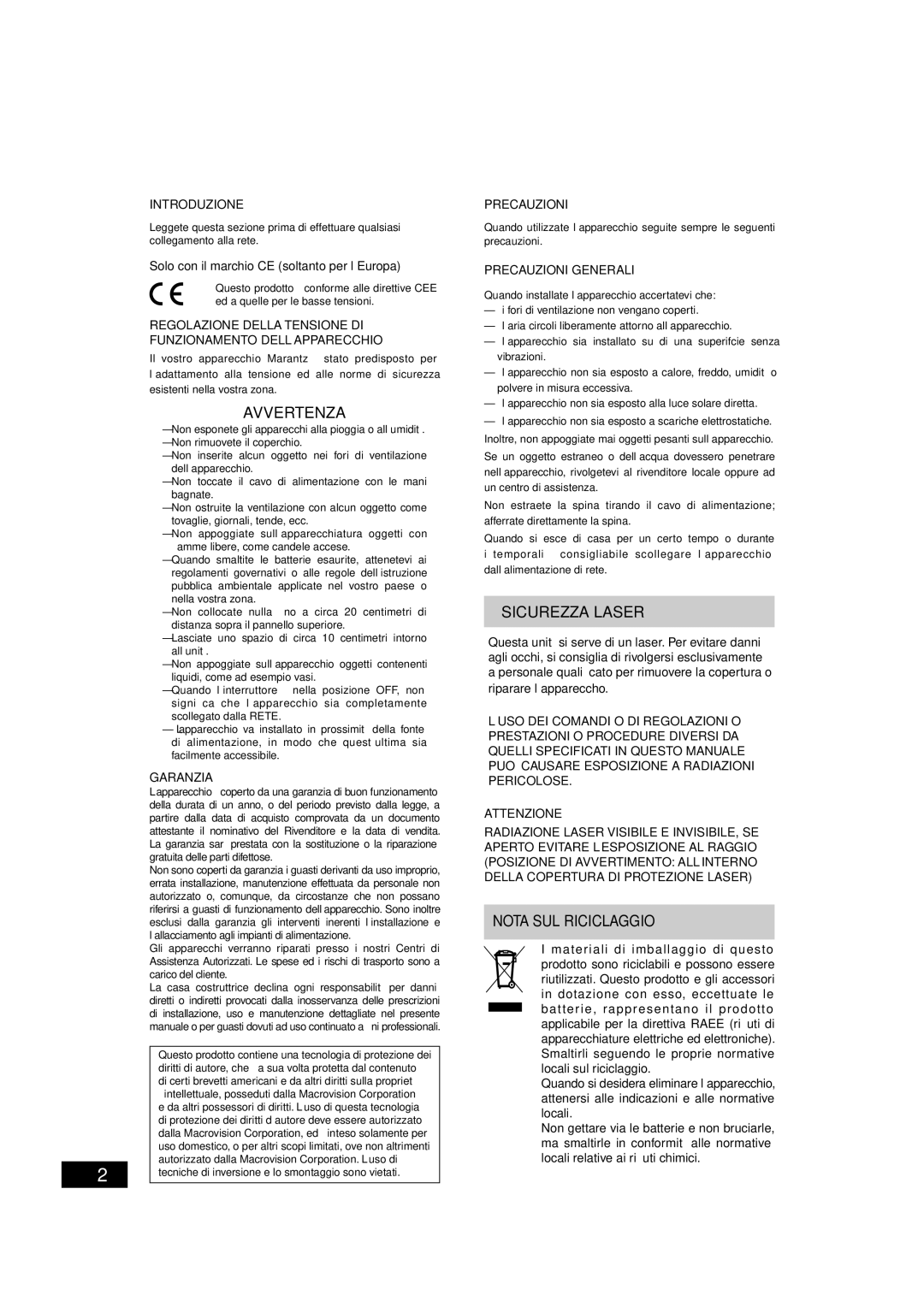 Marantz DV4001 manual Nota SUL Riciclaggio, Introduzione 