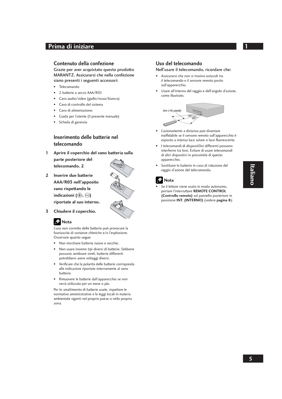 Marantz DV4001 manual Contenuto della confezione, Uso del telecomando, Inserimento delle batterie nel telecomando 