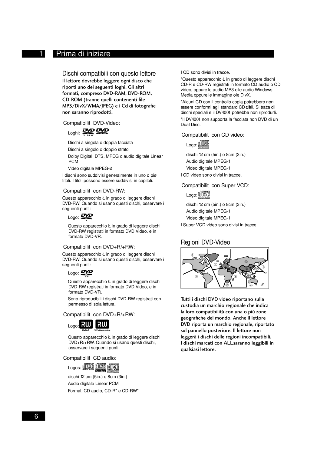 Marantz DV4001 manual Dischi compatibili con questo lettore, Regioni DVD-Video 