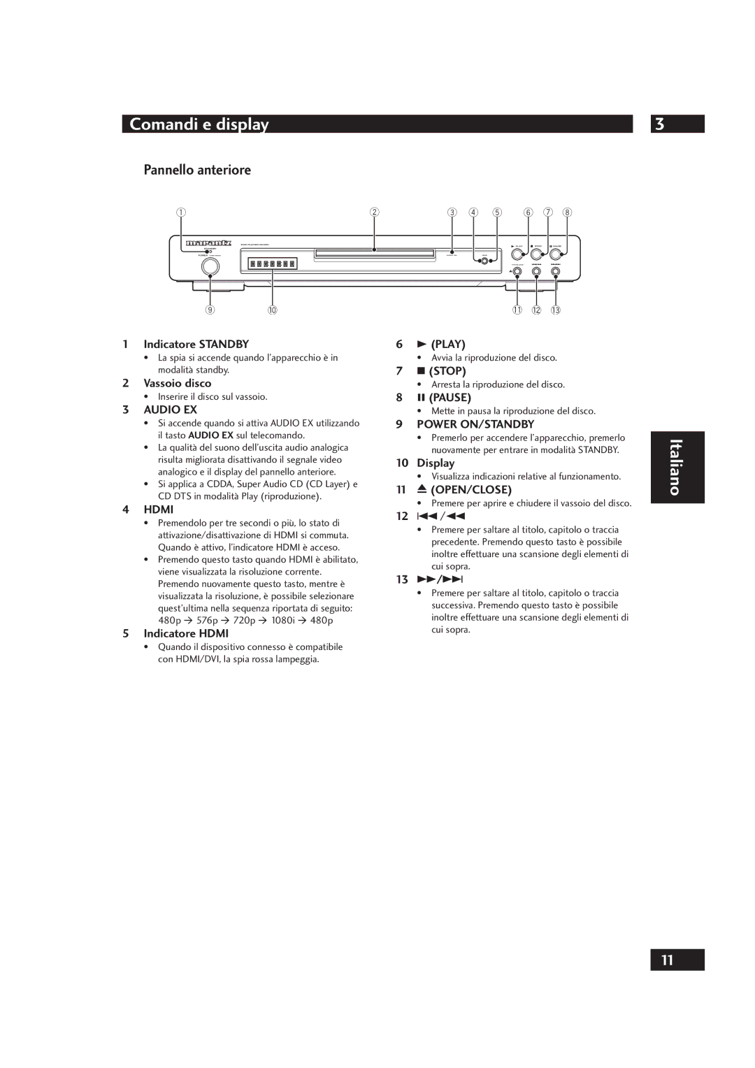 Marantz DV4001 manual Comandi e display, Pannello anteriore, Indicatore Standby, Vassoio disco, Indicatore Hdmi 