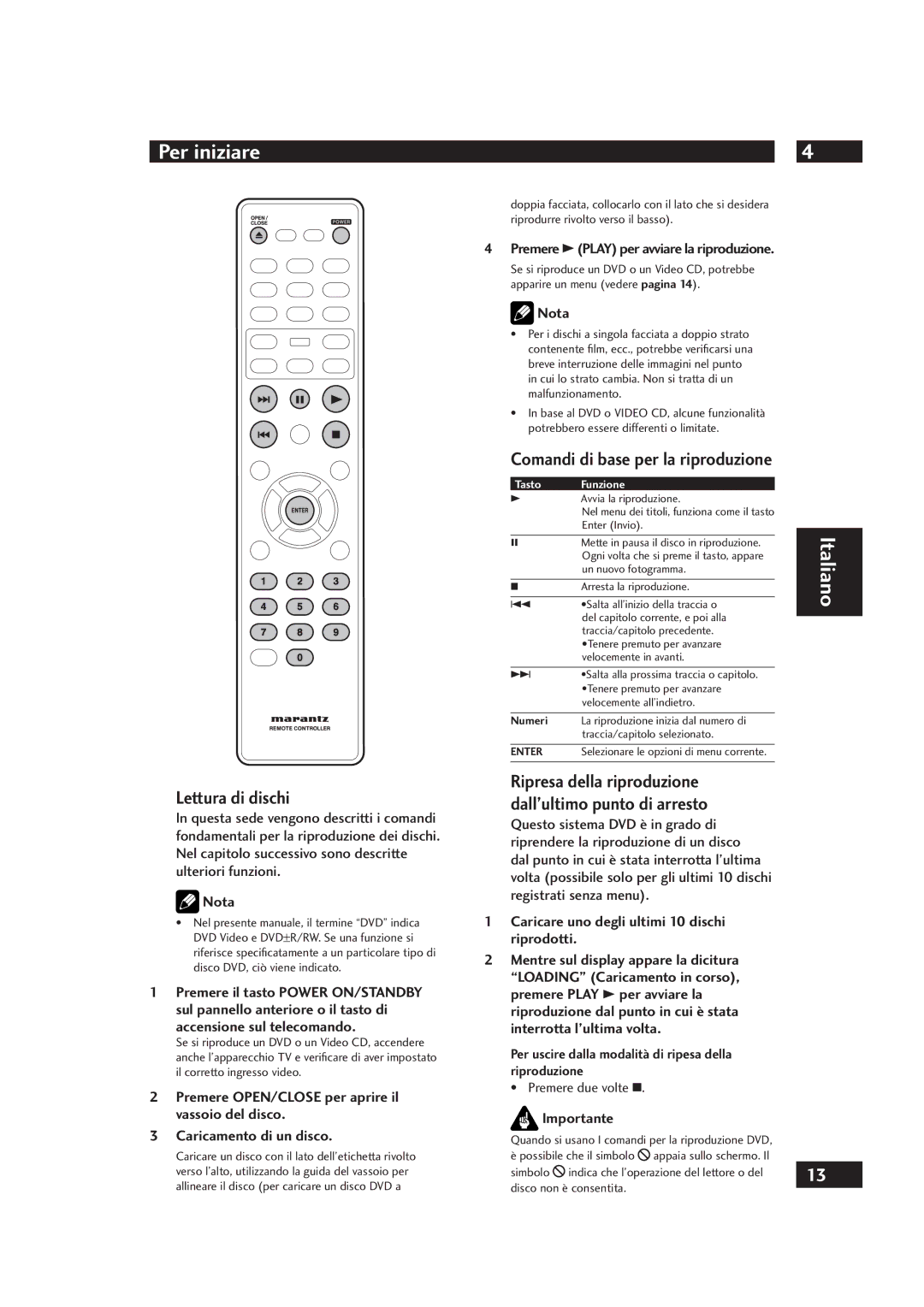 Marantz DV4001 manual Per iniziare, Lettura di dischi, Ripresa della riproduzione dall’ultimo punto di arresto 