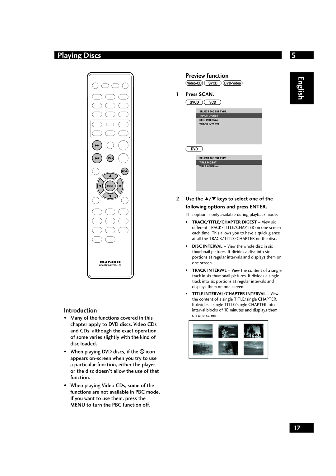 Marantz DV4001 manual Playing Discs, Preview function, Introduction, Press Scan 