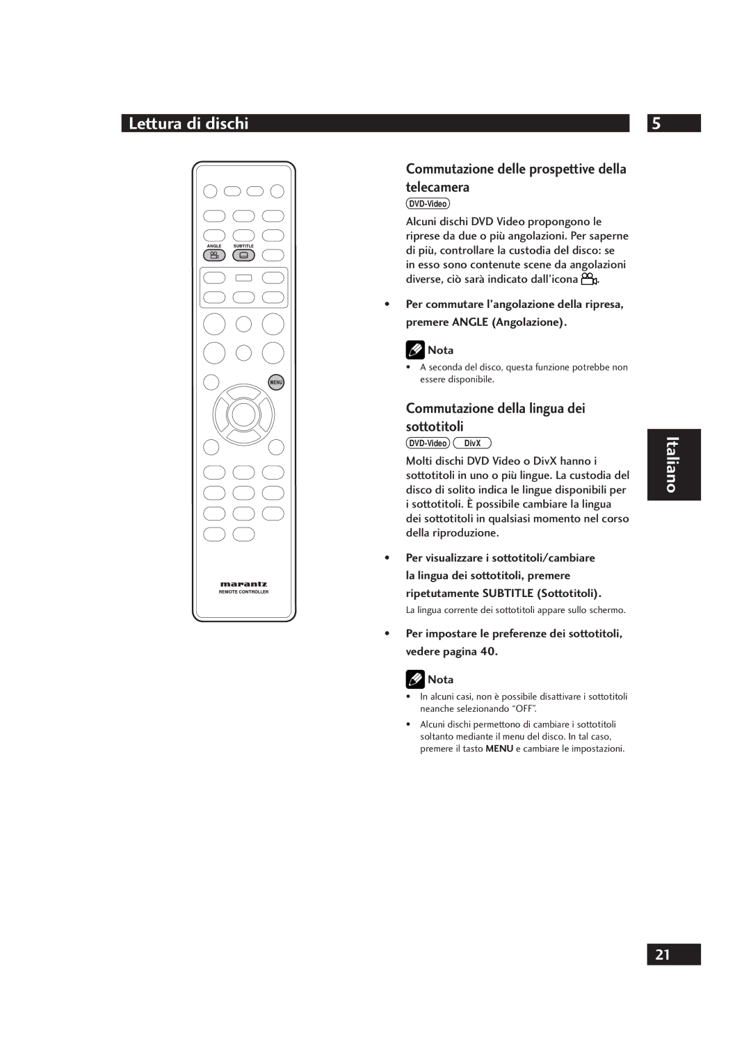 Marantz DV4001 manual Commutazione delle prospettive della telecamera, Commutazione della lingua dei sottotitoli 