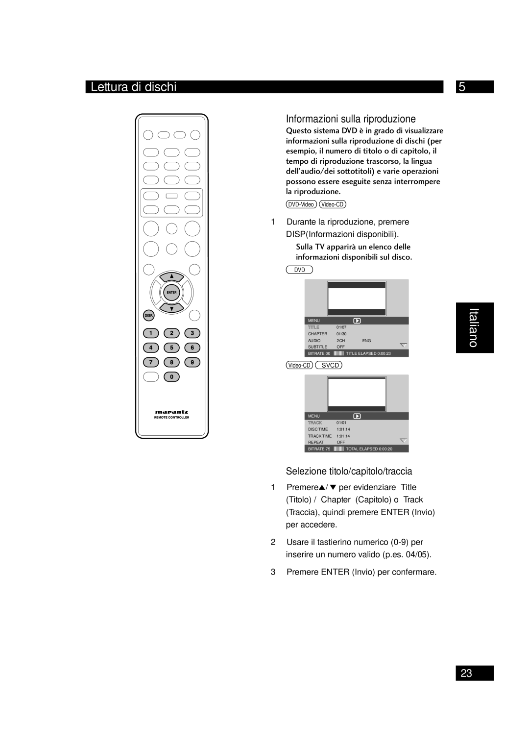 Marantz DV4001 Informazioni sulla riproduzione, Selezione titolo/capitolo/traccia, Premere Enter Invio per confermare 