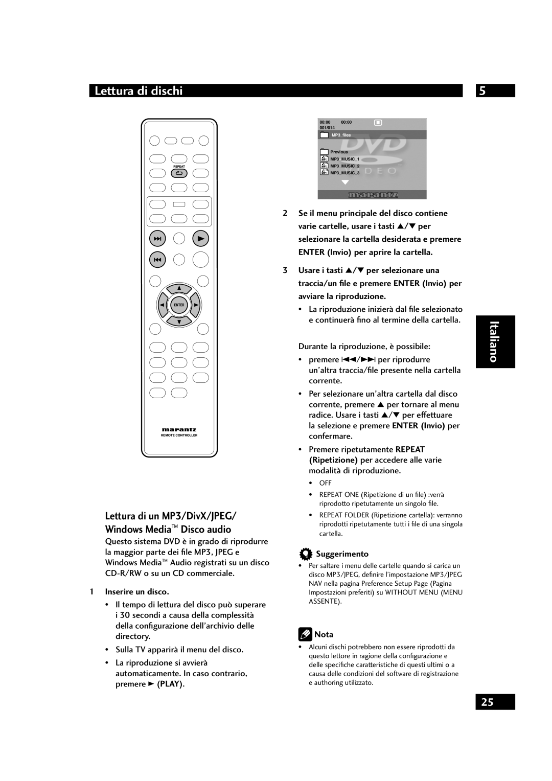 Marantz DV4001 manual Lettura di un MP3/DivX/JPEG Windows Media Disco audio, Inserire un disco, Suggerimento 