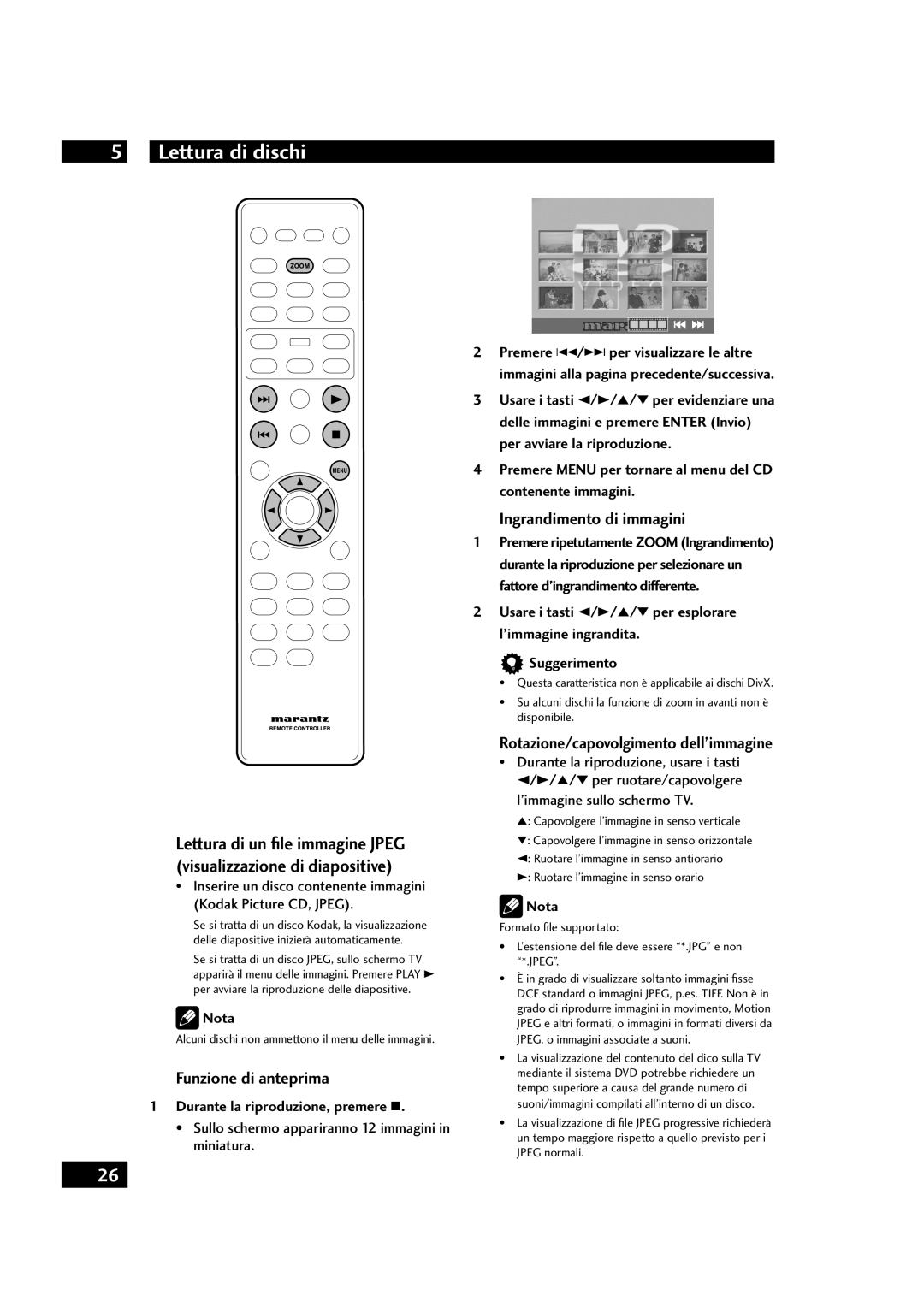 Marantz DV4001 manual Funzione di anteprima, Ingrandimento di immagini, Rotazione/capovolgimento dell’immagine 