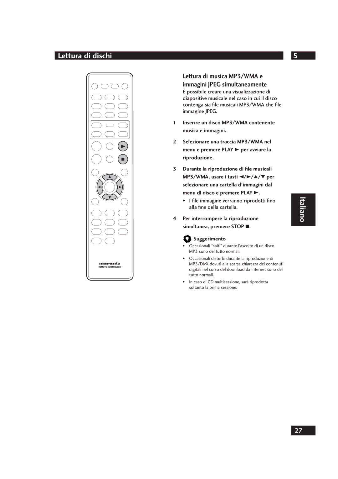 Marantz DV4001 manual Inserire un disco MP3/WMA contenente musica e immagini 