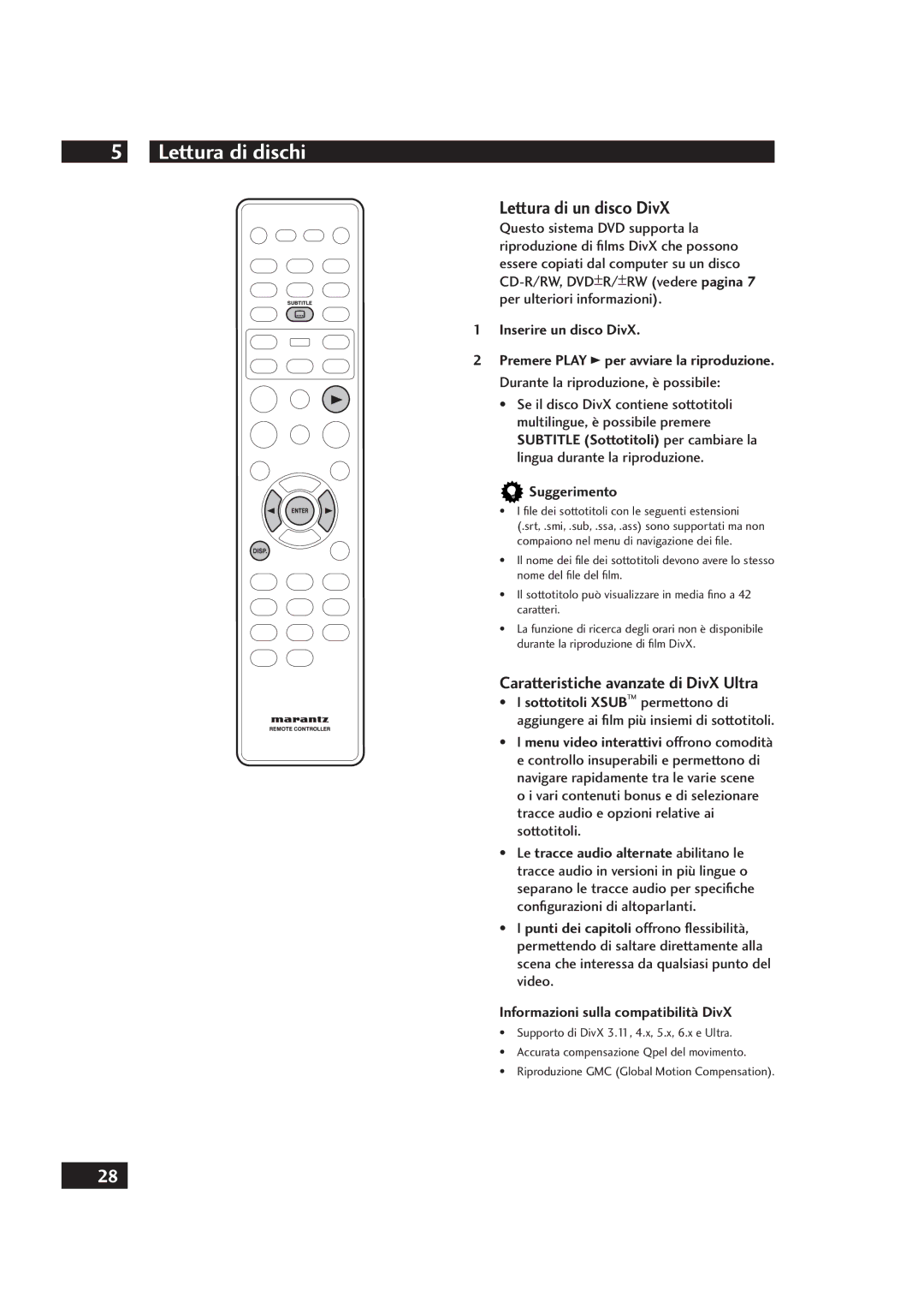 Marantz DV4001 Lettura di un disco DivX, Caratteristiche avanzate di DivX Ultra, Durante la riproduzione, è possibile 