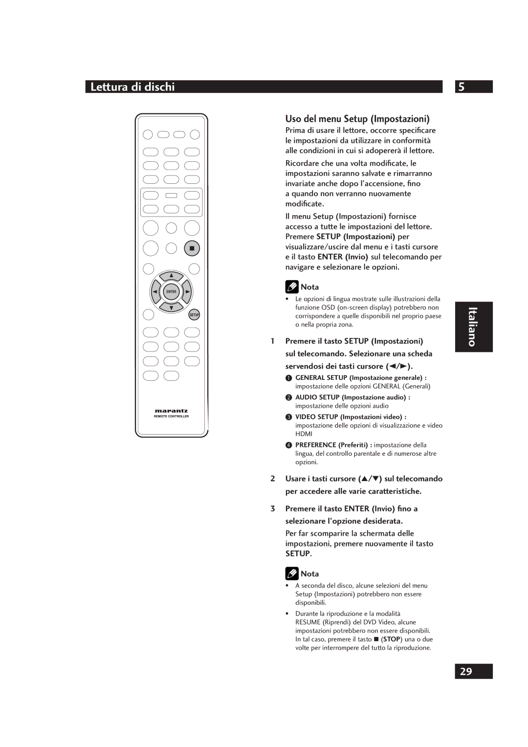 Marantz DV4001 manual Uso del menu Setup Impostazioni, Quando non verranno nuovamente modiﬁcate 