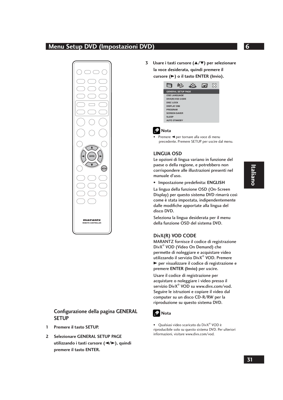 Marantz DV4001 manual Conﬁgurazione della pagina General Setup, Lingua OSD, Premere il tasto Setup 