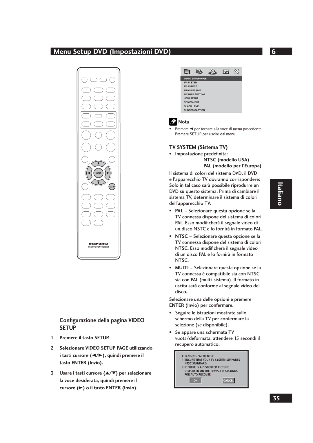 Marantz DV4001 manual Conﬁgurazione della pagina Video Setup, TV System Sistema TV, Impostazione predeﬁnita 