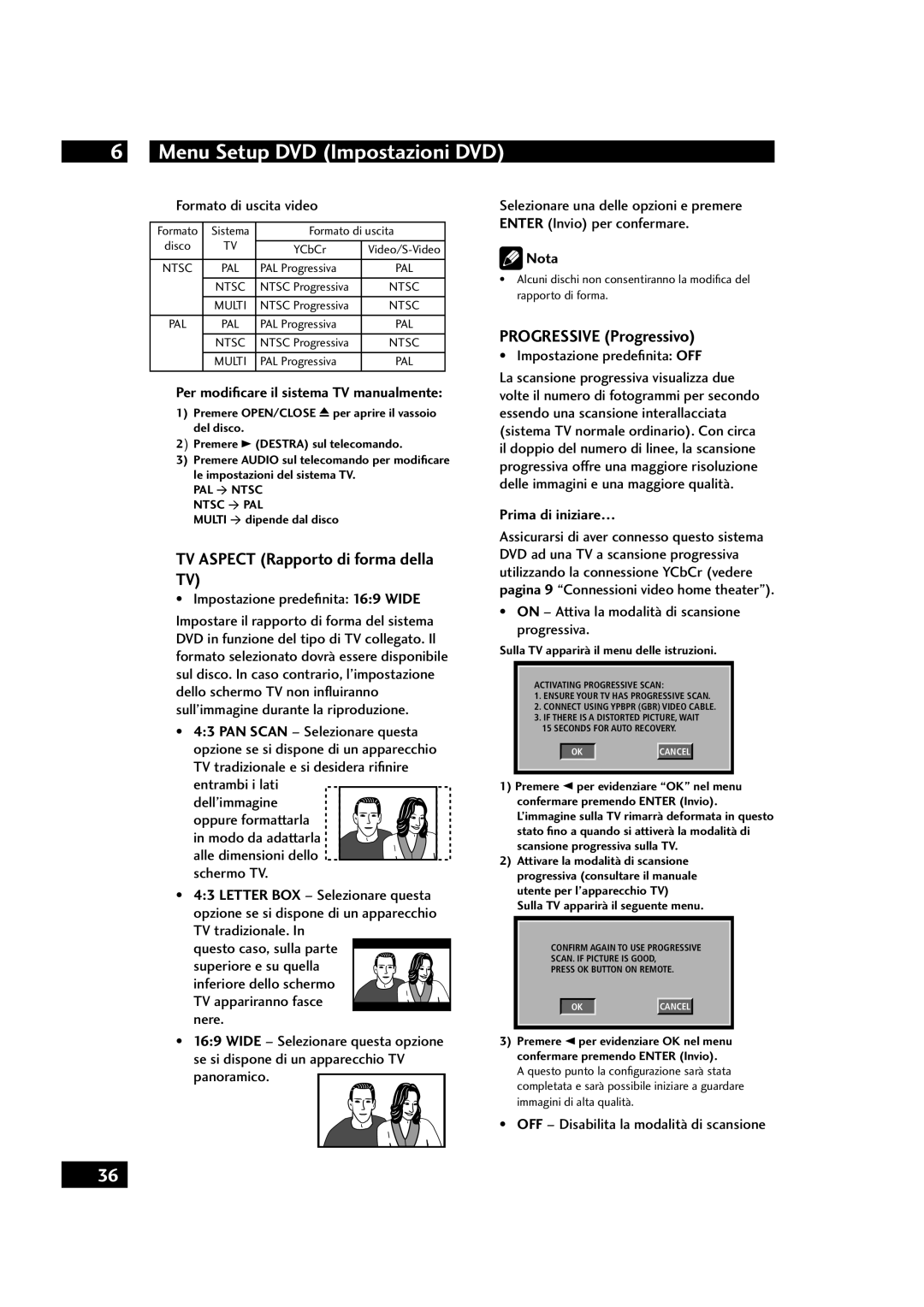 Marantz DV4001 TV Aspect Rapporto di forma della TV, Progressive Progressivo, Per modiﬁcare il sistema TV manualmente 