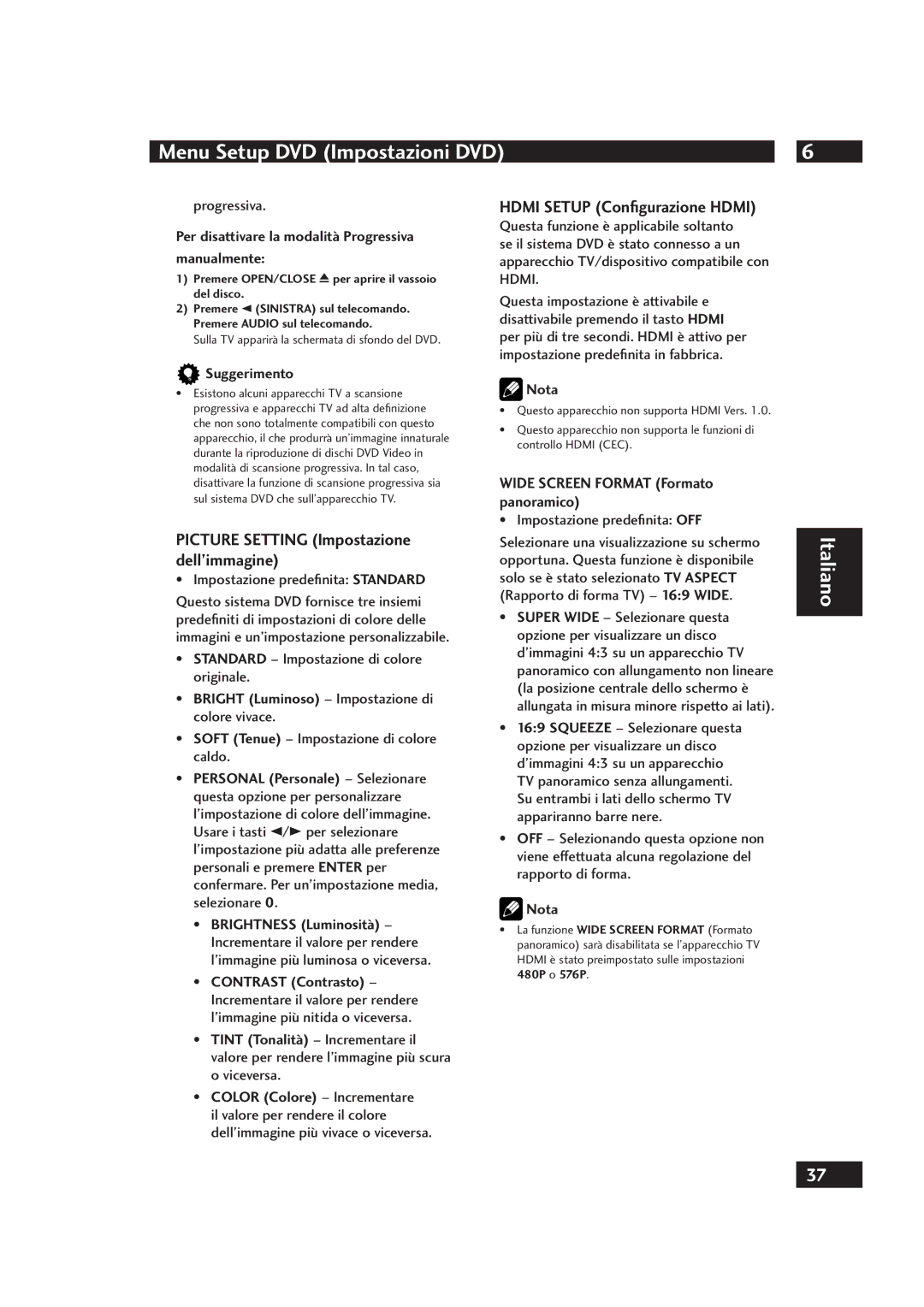 Marantz DV4001 manual Picture Setting Impostazione dell’immagine, Hdmi Setup Conﬁgurazione Hdmi 