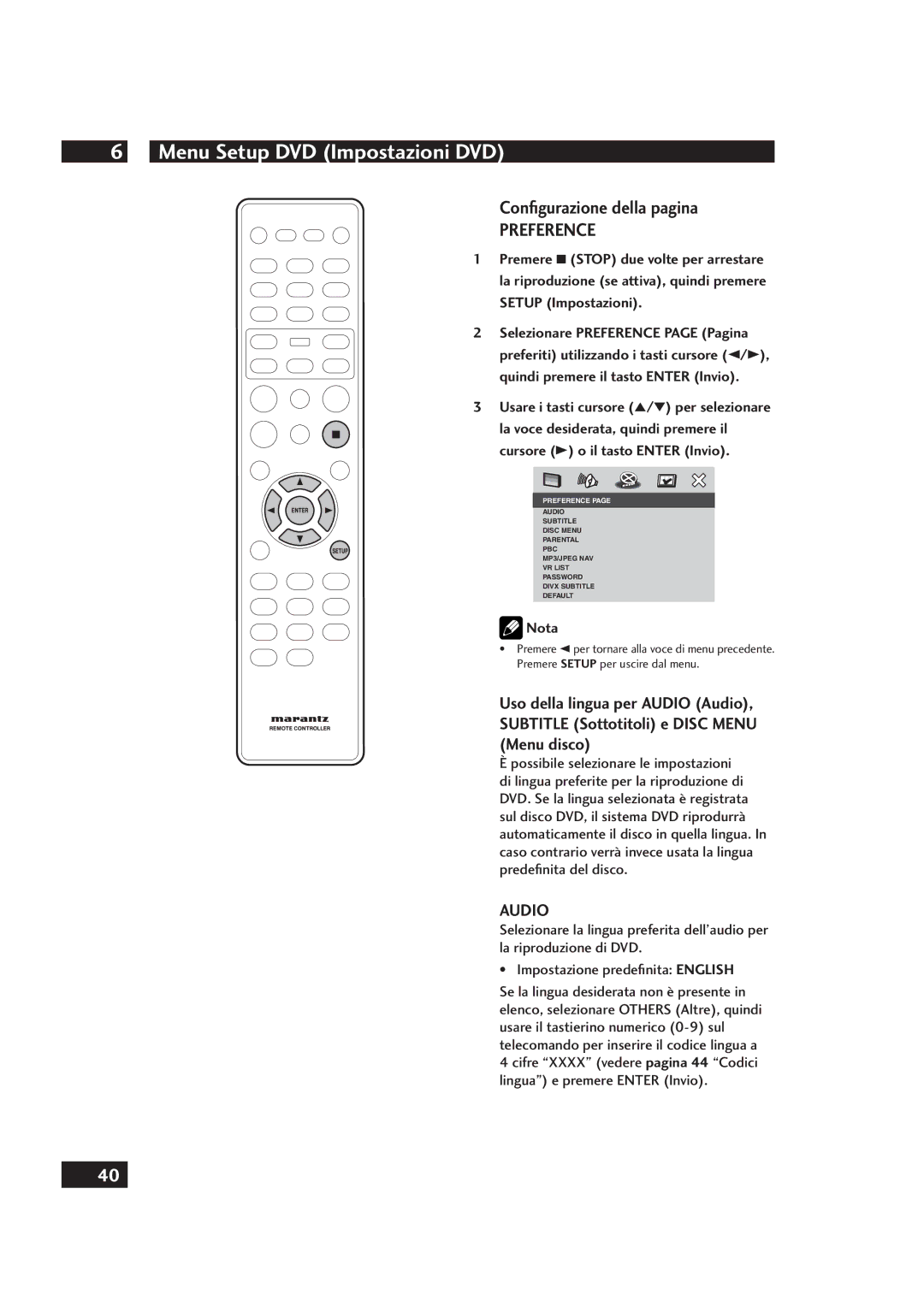 Marantz DV4001 manual Conﬁgurazione della pagina, Audio 