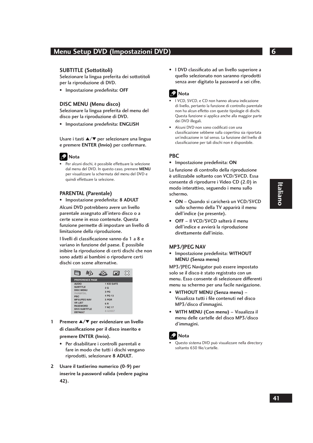 Marantz DV4001 manual Subtitle Sottotitoli, Disc Menu Menu disco, Parental Parentale, Impostazione predeﬁnita Without 