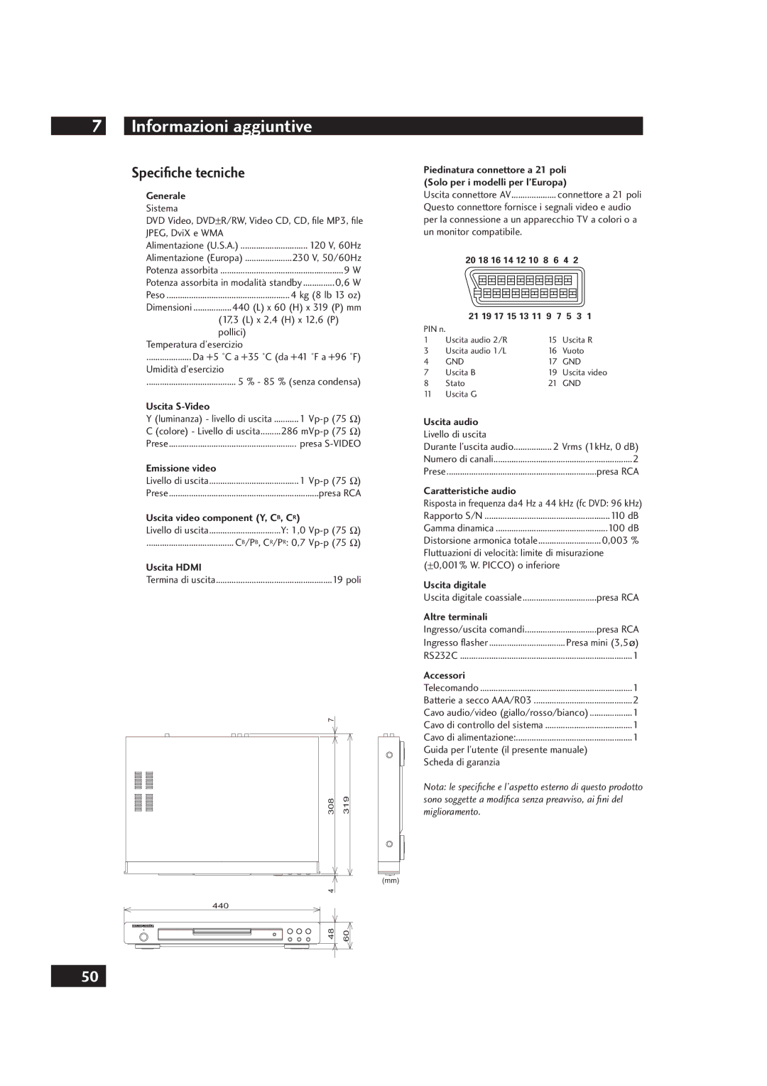 Marantz DV4001 manual Speciﬁche tecniche 