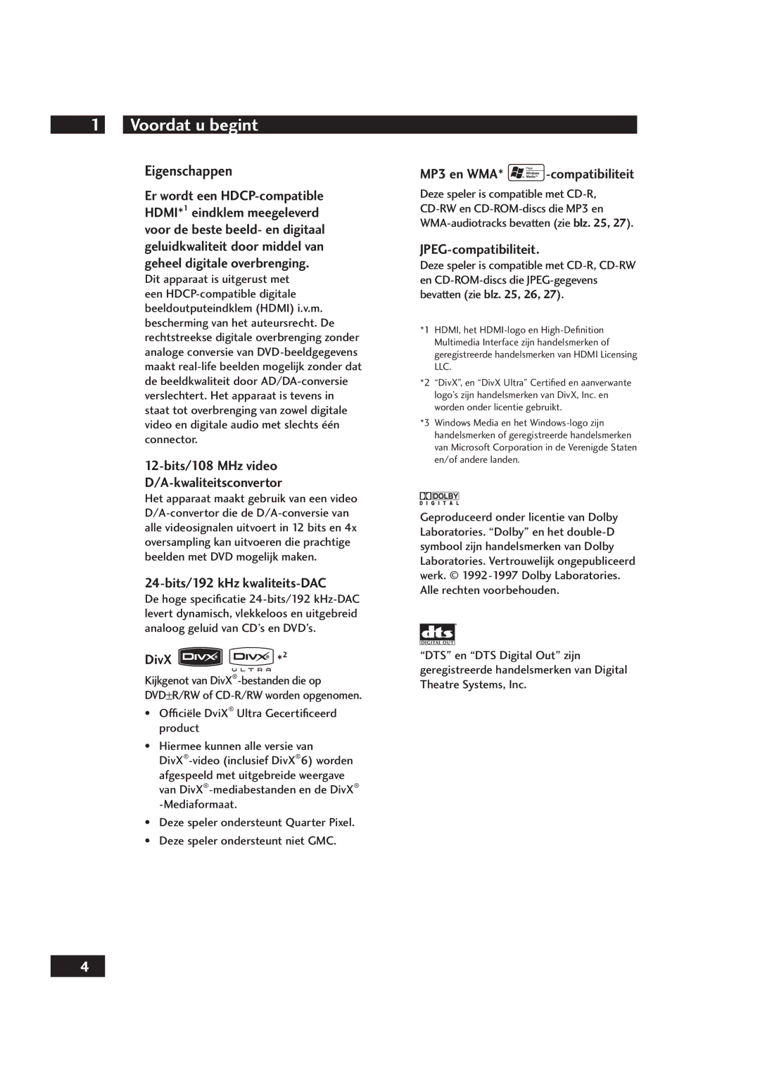 Marantz DV4001 manual Voordat u begint, Eigenschappen, Bits/192 kHz kwaliteits-DAC, MP3 en WMA* -compatibiliteit 