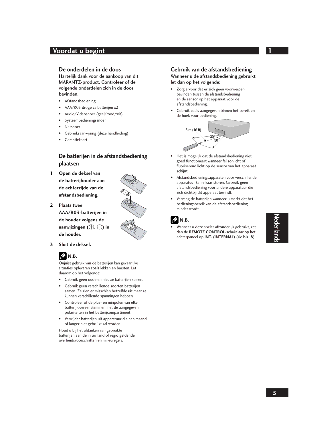 Marantz DV4001 De onderdelen in de doos, De batterijen in de afstandsbediening plaatsen, Gebruik van de afstandsbediening 