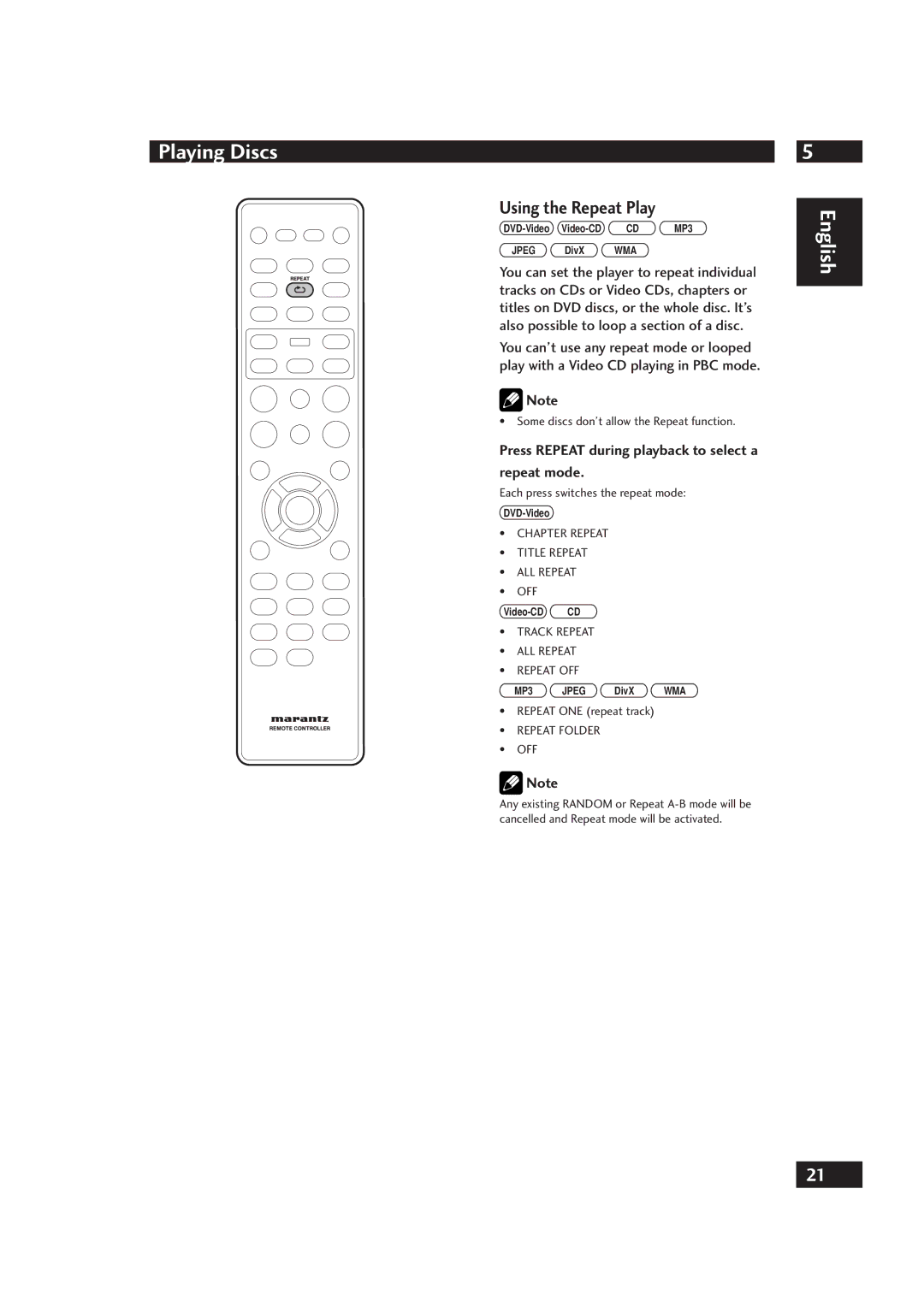 Marantz DV4001 manual Using the Repeat Play, Repeat mode, Press Repeat during playback to select a, Repeat ONE repeat track 