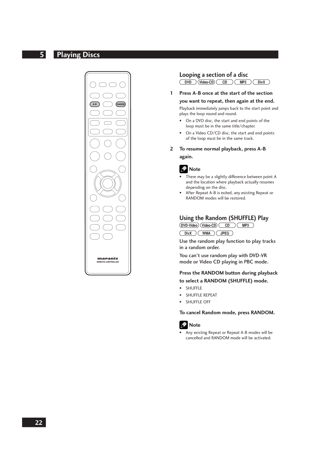 Marantz DV4001 Looping a section of a disc, Using the Random Shuffle Play, To resume normal playback, press A-B again 