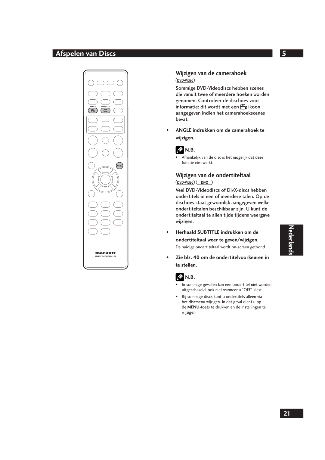 Marantz DV4001 Wijzigen van de camerahoek, Wijzigen van de ondertiteltaal, Angle indrukken om de camerahoek te wijzigen 