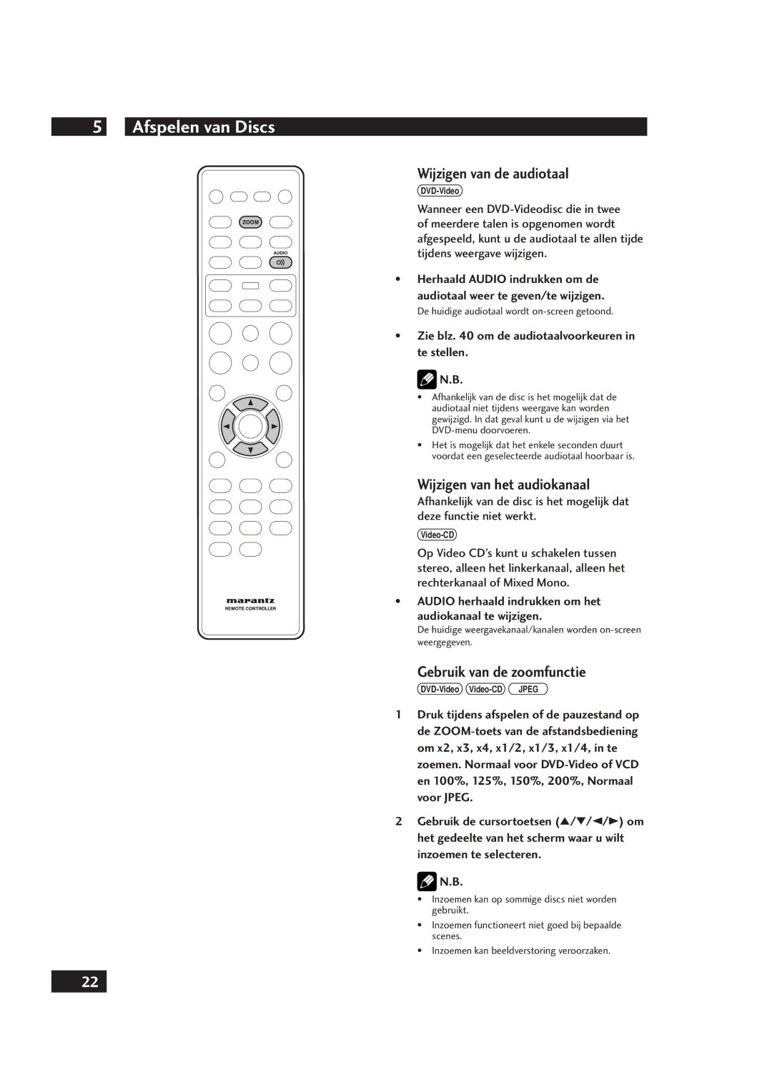 Marantz DV4001 manual Wijzigen van de audiotaal, Wijzigen van het audiokanaal, Gebruik van de zoomfunctie 